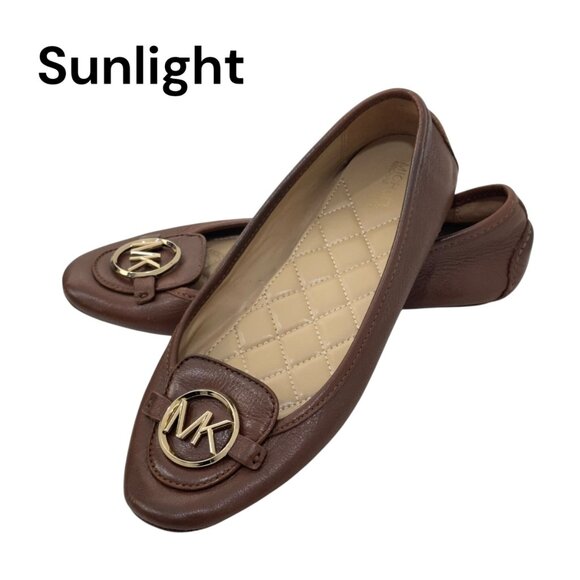 Michael Kors Women Brown Leather Ballet Flats Size 8M Gold MK Logo - Picture 1 of 16